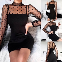 Sexy Dots Gauze Spliced Long Sleeve Mock Neck Slim Fit Dress