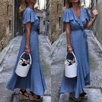 Sexy V-neck Slit Short Sleeve Irregular Hem Dots Printed Dress