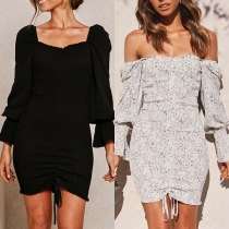 Fashion Long Sleeve Square Collar Drawstring Hem Dress