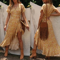 Sexy V-neck Short Sleeve Slit Ruffle Hem Printed Dress