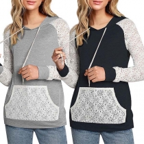 Fashion Lace Spliced Long Sleeve Hooded Sweatshirt