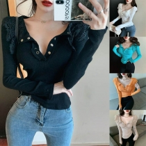Sexy Lace Spliced V-neck Long Sleeve Slim Fit T-shirt