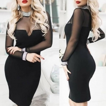 Sexy Gauze Rhinestone Spliced Long Sleeve Slim Fit Dress