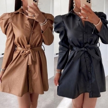 OL Style Puff Sleeve POLO Collar PU Leather Dress