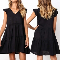 Fashion Solid Color Lotus Sleeve V-neck Loose Dress