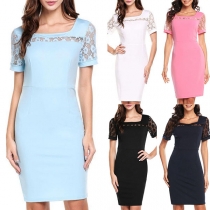 Sexy Lace Spliced Short Sleeve Square Collar Slim Fit Dress