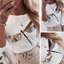 Fashion Sequin Dragonfly Pattern Long Sleeve Round Neck T-shirt