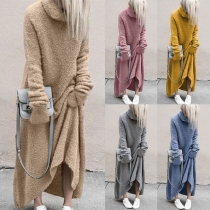 Fashion Solid Color Long Sleeve Cowl Neck Irregular Hem Plush Dress
