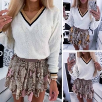 Fashion Contrast Color V-neck Long Sleeve Knit Top