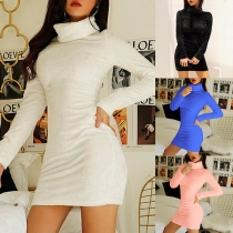 Fashion Solid Color Long Sleeve Turtleneck Slim Fit Plush Dress