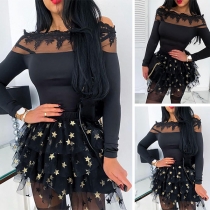 Sexy Gauze Spliced Boat Neck Long Sleeve Slim Fit Top