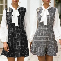 Sweet Style Long Sleeve Bow-knot Collar Ruffle Hem Plaid Spliced Dress