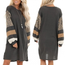 Fashion Leopard Striped Spliced Long Sleeve Slit Hem Dress