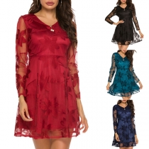 Sexy See-through Gauze Spliced Long Sleeve V-neck Dress