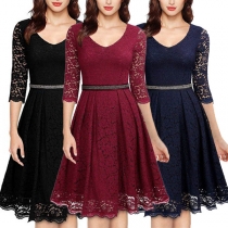 Sexy V-neck 3/4 Sleeve High Waist Lace Dress