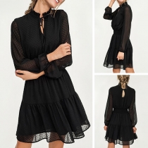 Sexy Gauze Spliced Long Sleeve Ruffle Stand Collar Dress
