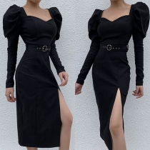 Sexy Puff Sleeve Square Collar Slit Hem Slim Fit Dress