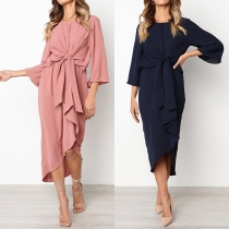 Elegant Solid Color 3/4 Sleeve Irregular Hem Knotted Dress