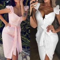 Sexy Square Collar Slit Hem Sleeveless Slim Fit Dress