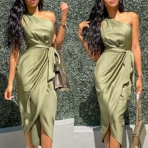 Sexy One-shoulder Sleeveless Slit Hem Solid Color Dress