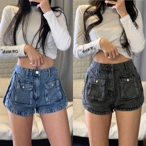 Fashion High Waist Side-slit Front-pocket Denim Shorts