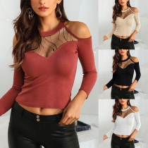 Sexy Off-shoulder Long Sleeve Round Neck Gauze Spliced T-shirt