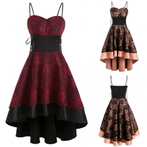 Sexy Backless High Waist High-low Hem Lace Spliced Sling Dress