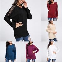 Sexy Lace Spliced Long Sleeve Round Neck T-shirt