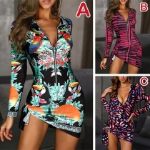 Chic Style Long Sleeve Stand Collar Irregular Hem Printed Dress