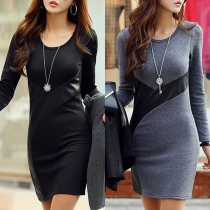 Fashion Long Sleeve Round Neck PU Leather Spliced Dress