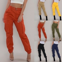 Fashion Solid Color High Waist Side-pocket Casual Pants