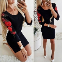 Fashion Embroidered Spliced Long Sleeve Round Neck Slim Fit Dress