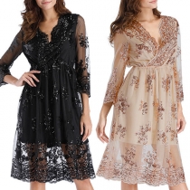Sexy Sequin Gauze Spliced 3/4 Sleeve V-neck Dress