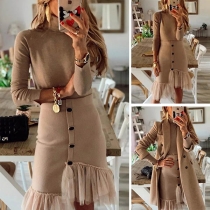Fashion Long Sleeve Turtleneck Top + Gauze Spliced Hem Skirt Two-piece Set