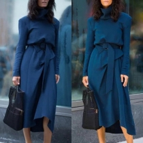 Elegant Solid Color Long Sleeve Turtleneck Dress with Waist Strap