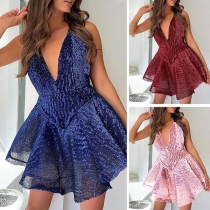 Sexy Backless Deep V-neck High Waist Solid Color Sling Dress