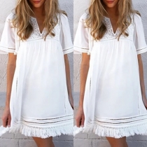 Fashion Short Sleeve V-neck Tassel Spliced Hem Dress