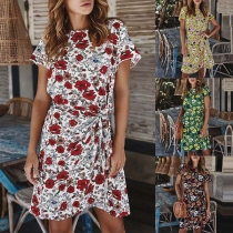 Bohemian Style Short Sleeve Round Neck Irregular Hem Printed Dress