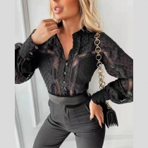 Sexy Long Sleeve POLO Collar See-through Lace Top