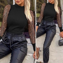 Sexy Gauze Spliced Long Sleeve Mock Neck Slim Fit Top