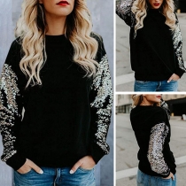 Fashion Sequin Spliced Long Sleeve Round Neck Sweatshirt