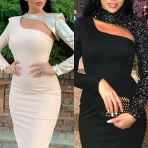 Sexy Sequin Spliced Long Sleeve Round Neck Slim Fit Hollow Out Dress