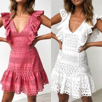 Sexy Backless V-neck Lotus Sleeve Ruffle Hem Lace Dress