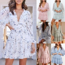 Sexy V-neck Lantern Sleeve Ruffle Printed Dress