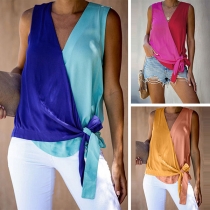 Fashion Contrast Color Sleeveless V-neck Lace-up Hem Top