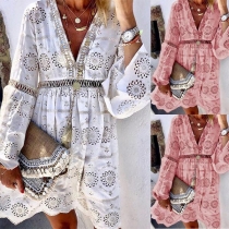 Sexy V-neck Long Sleeve High Waist Lace Dress