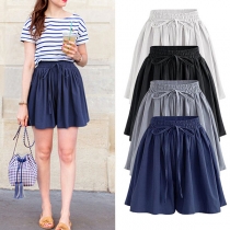 Fashion Solid Color Elastic Waist Loose Shorts