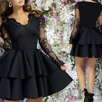 Sexy Lace Spliced Long Sleeve V-neck High Waist Party Dress