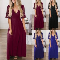 Sexy Lace Spliced Short Sleeve V-neck Solid Color Dress