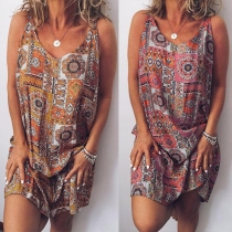 Bohemian Style Sleeveless Round Neck Printed Dress